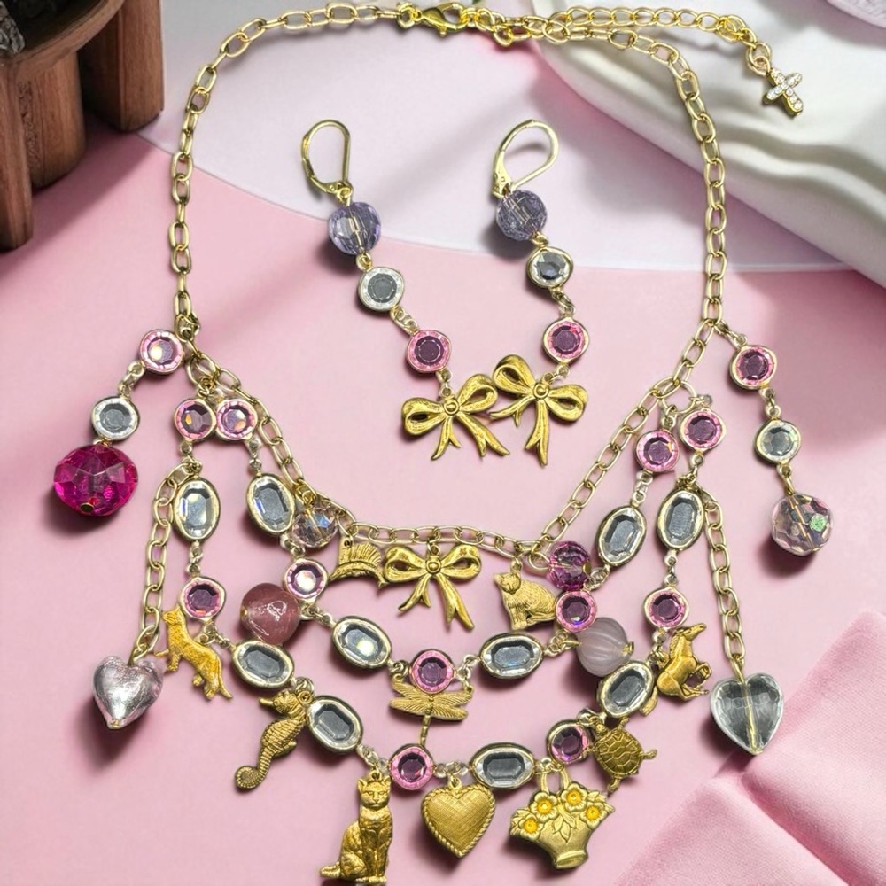Fairycore Balletcore Necklace & Earring Set – Vintage Charms, One of a Kind